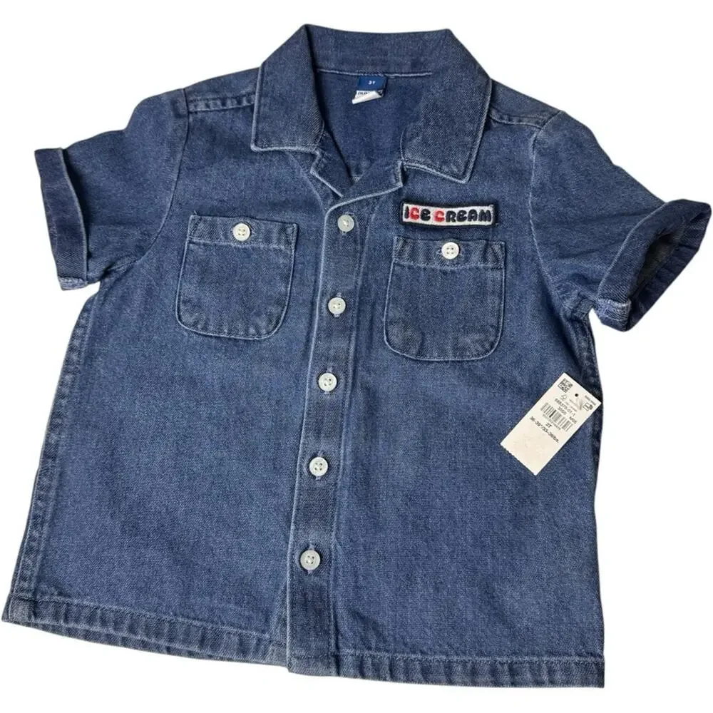 Old Navy Toddler  Boy's Blue Denim Short Sleeve Button Shirt Sz 3T New With Tag